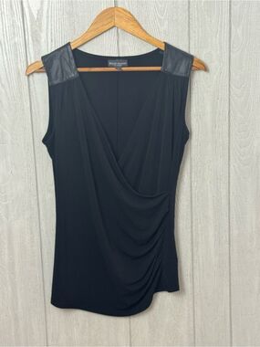 L black sleeveless top, Bold Elements, wrap-style front, faux leather shoulder
